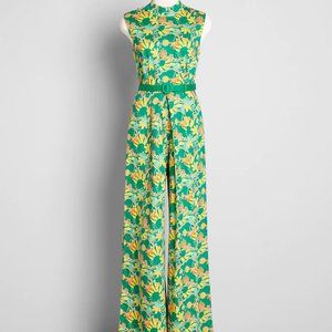 NWT Modcloth Green/Multi "Summer In The 70s" Wide-Leg Jumpsuit, size UK12/US8